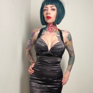 Satin grey and black dress.